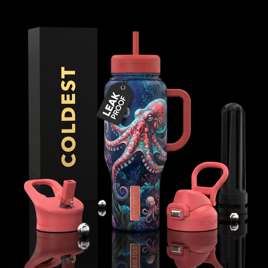 Pacif octopus, coral and kelp sea, glow in dark, b... water bottle design