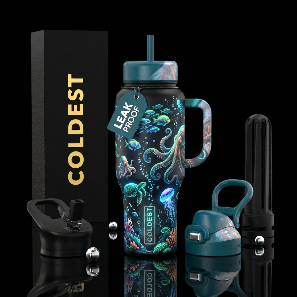 Sea life, schools of fish, pacific octopus hiding,... water bottle design