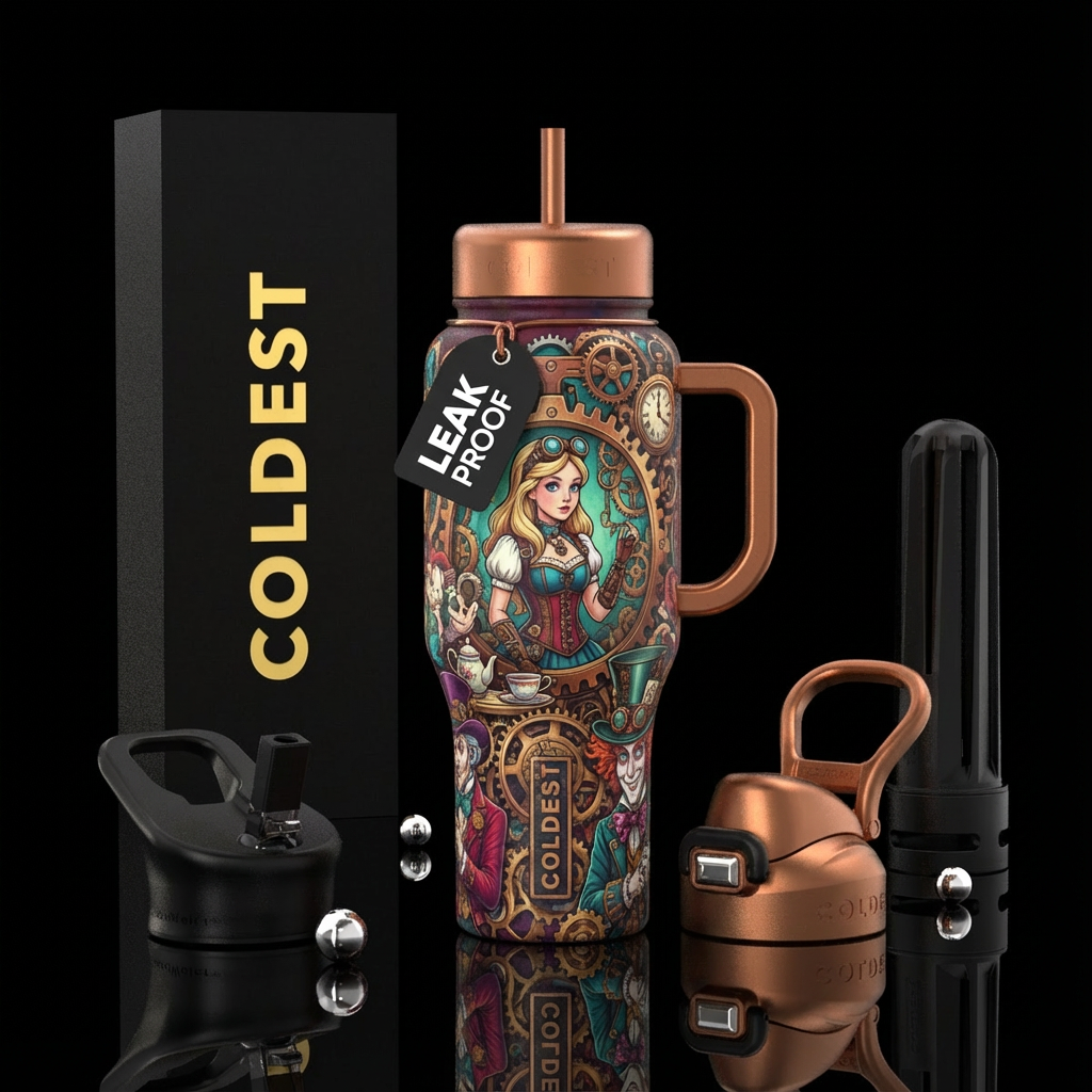 Steampunk Alice in Wonderland water bottle design
