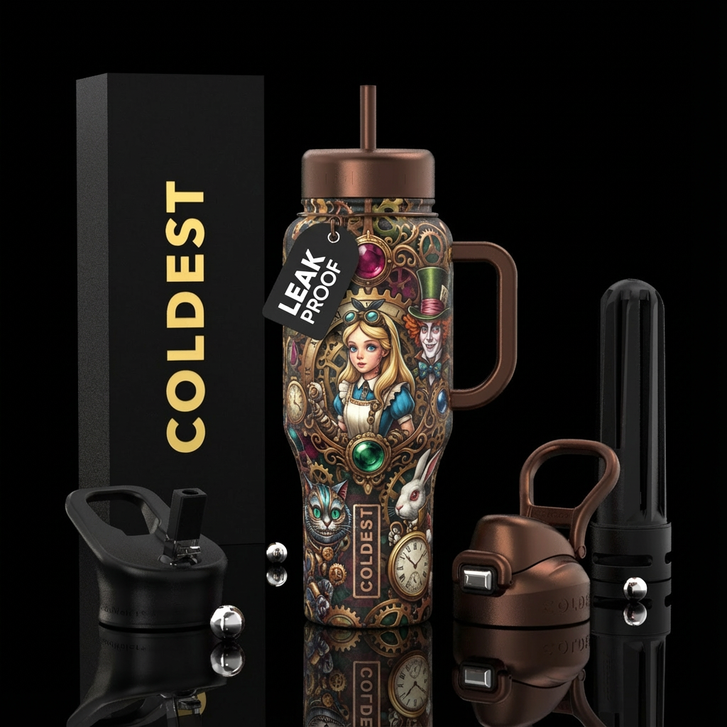 Steampunk Alice in Wonderland water bottle design