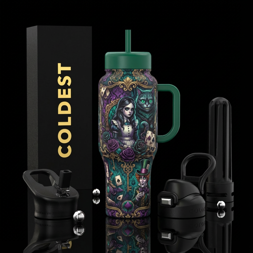 Gothic Alice in Wonderland water bottle design