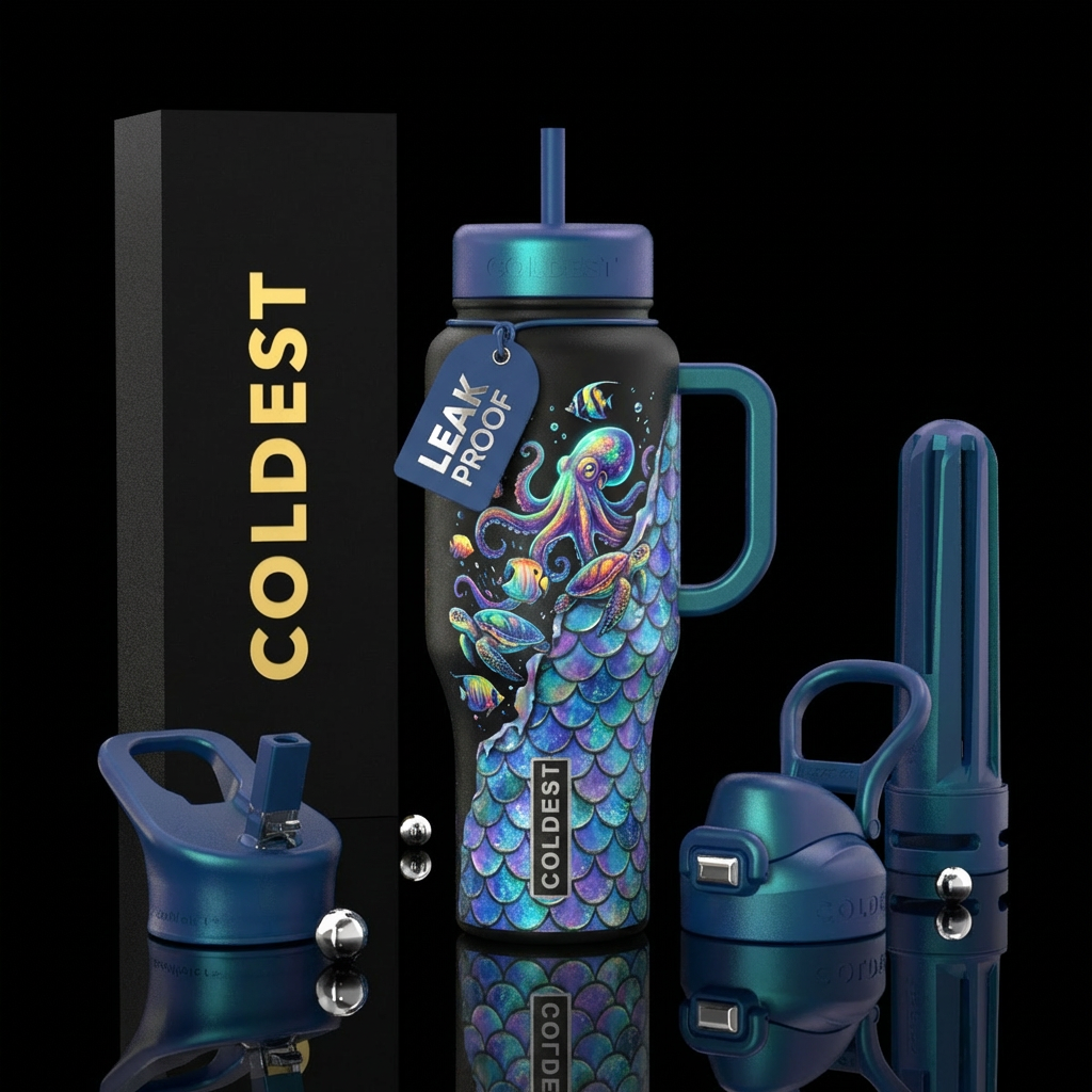 sea creatures coming out of mermaid scales on one ... water bottle design