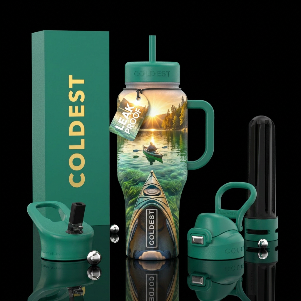 Above view of Kayak in a lake surrounded by trees,... water bottle design