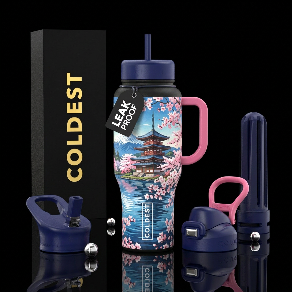 Horyu Temple surrounded by blooming cherry blossom... water bottle design