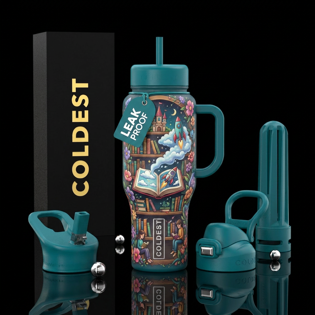 Book nook, pensive, relaxing, clouds, imagination,... water bottle design