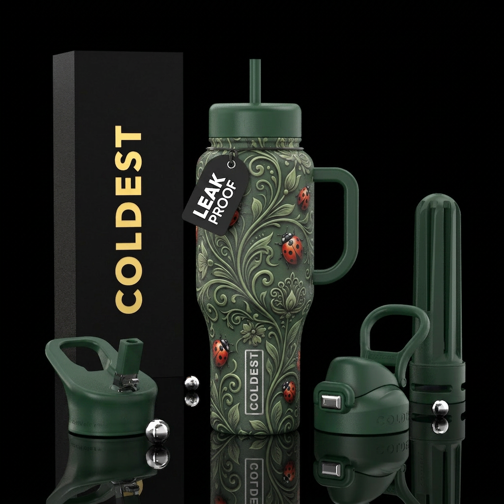 Beautiful, floral centered, smooth, ladybugs, fili... water bottle design