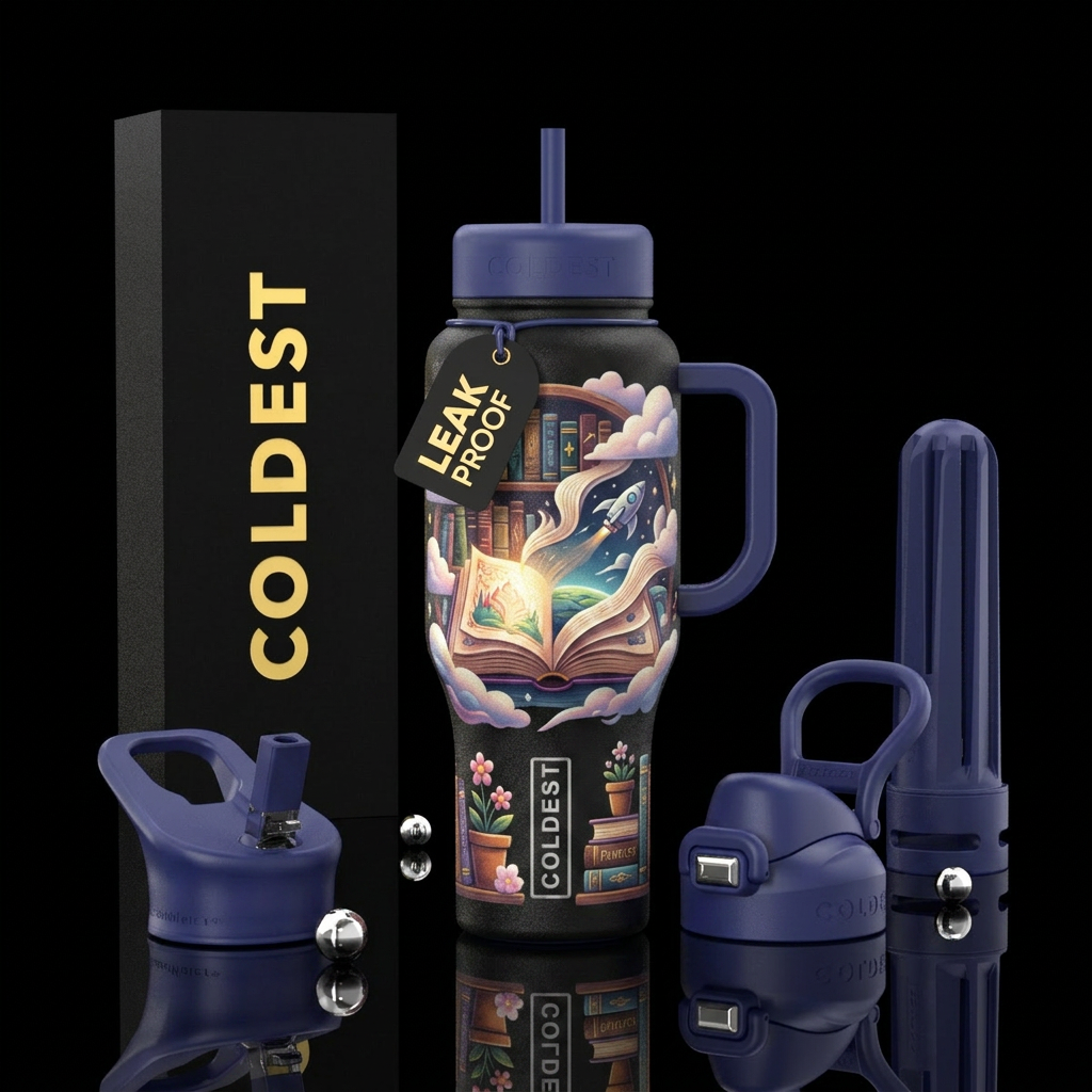 Book nook, pensive, relaxing, clouds, imagination,... water bottle design