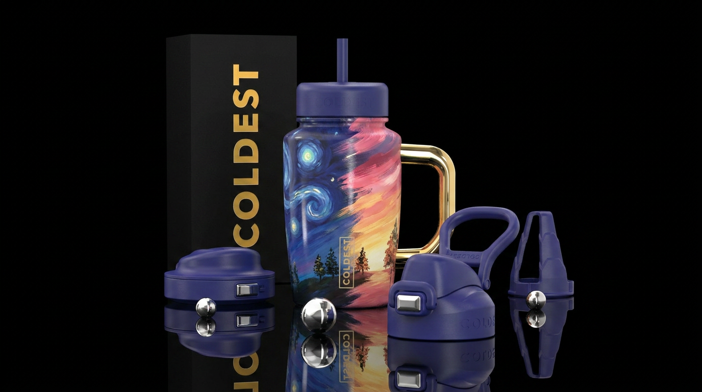 Half night and half day with trees, evening stars ... water bottle design