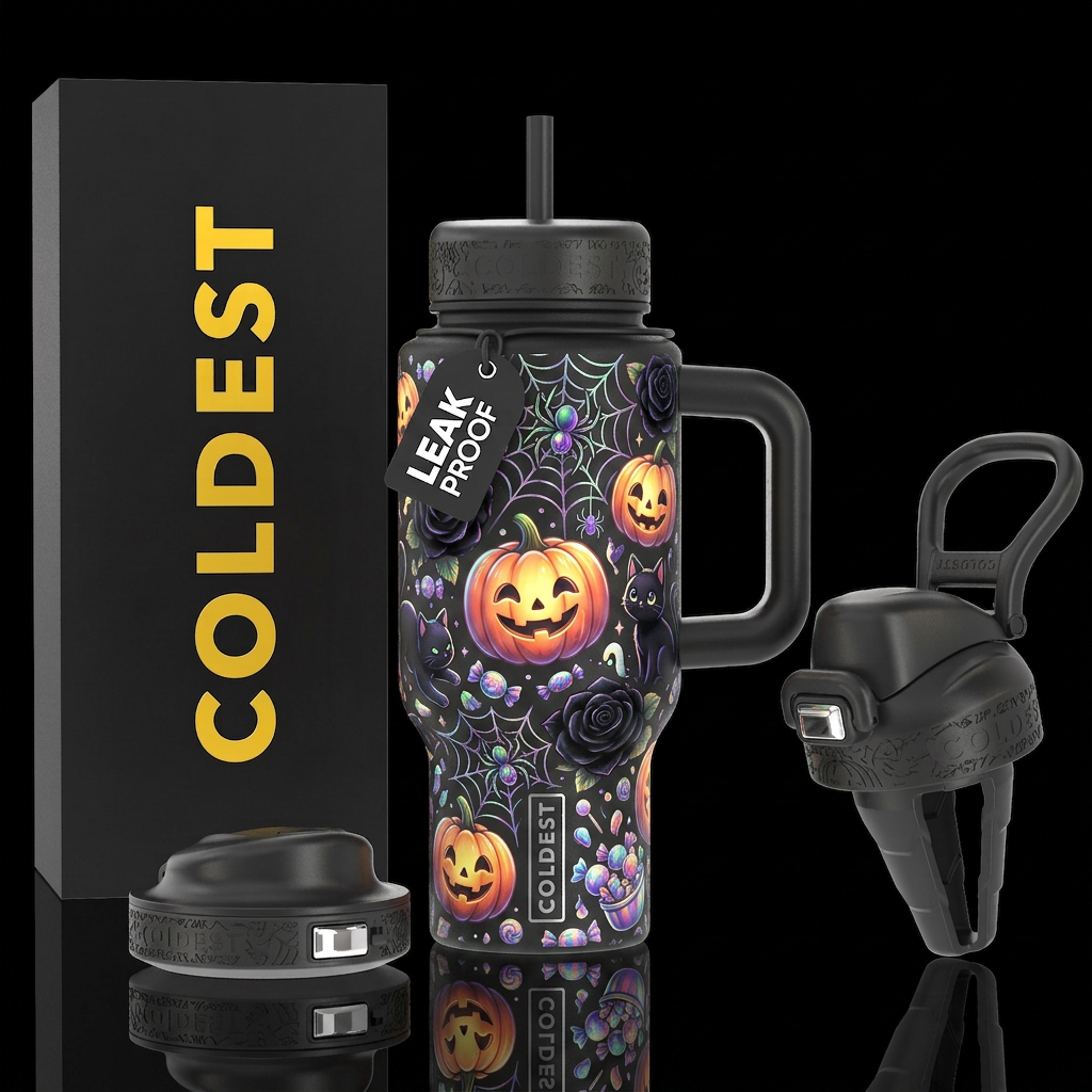 Cutesie, glowy Halloween pumpkins, candy filled, s... water bottle design