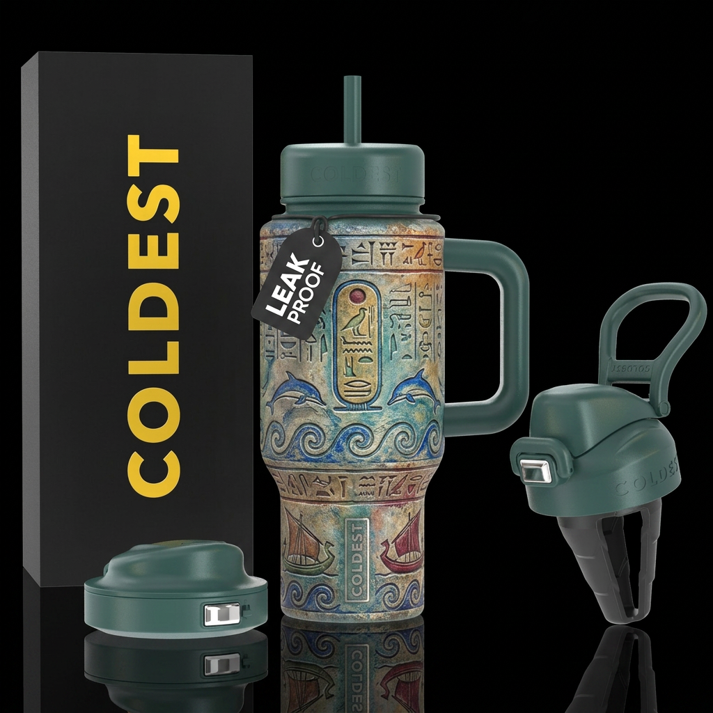 Dolphins, swirls, ancient symbols, waves, sail boa... water bottle design