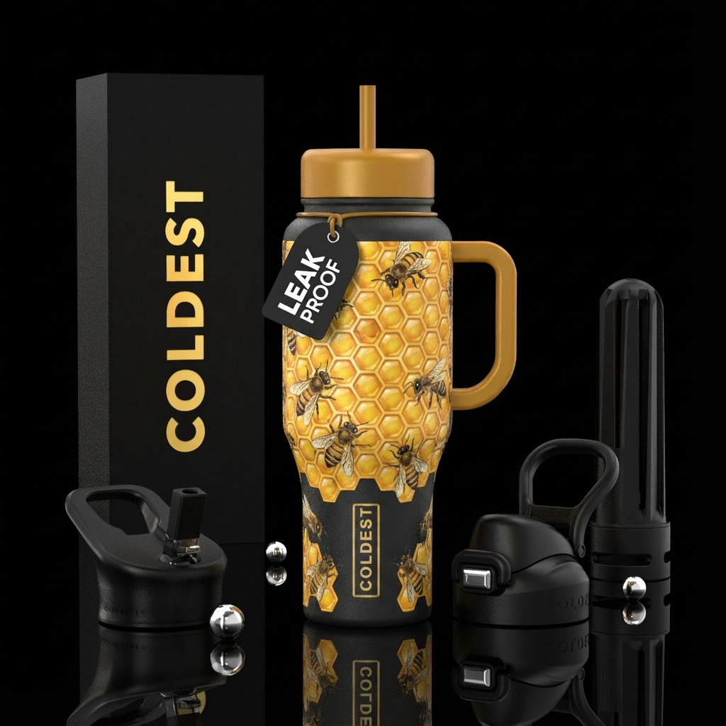Honey comb and bees water bottle design