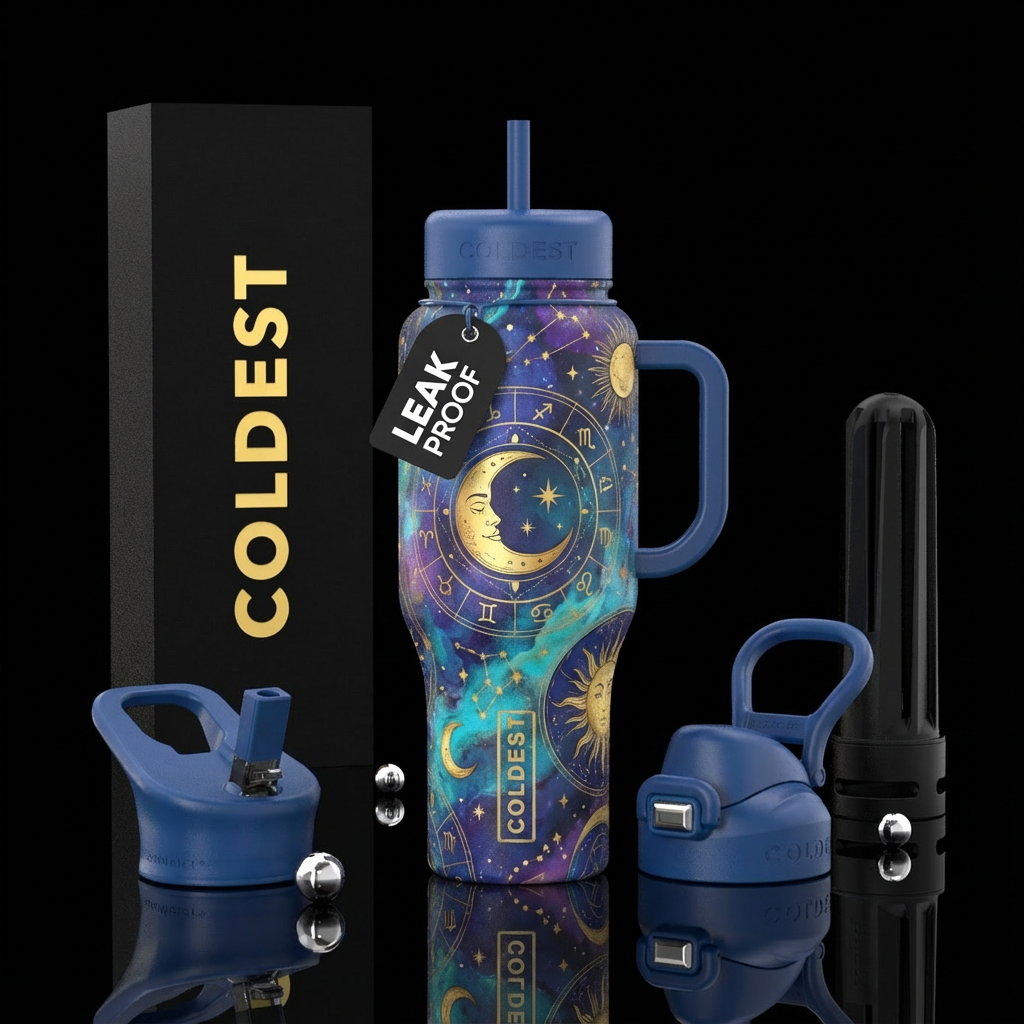 Moon, stars, astrology water bottle design