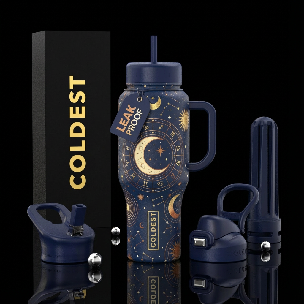 Moon, stars, astrology water bottle design
