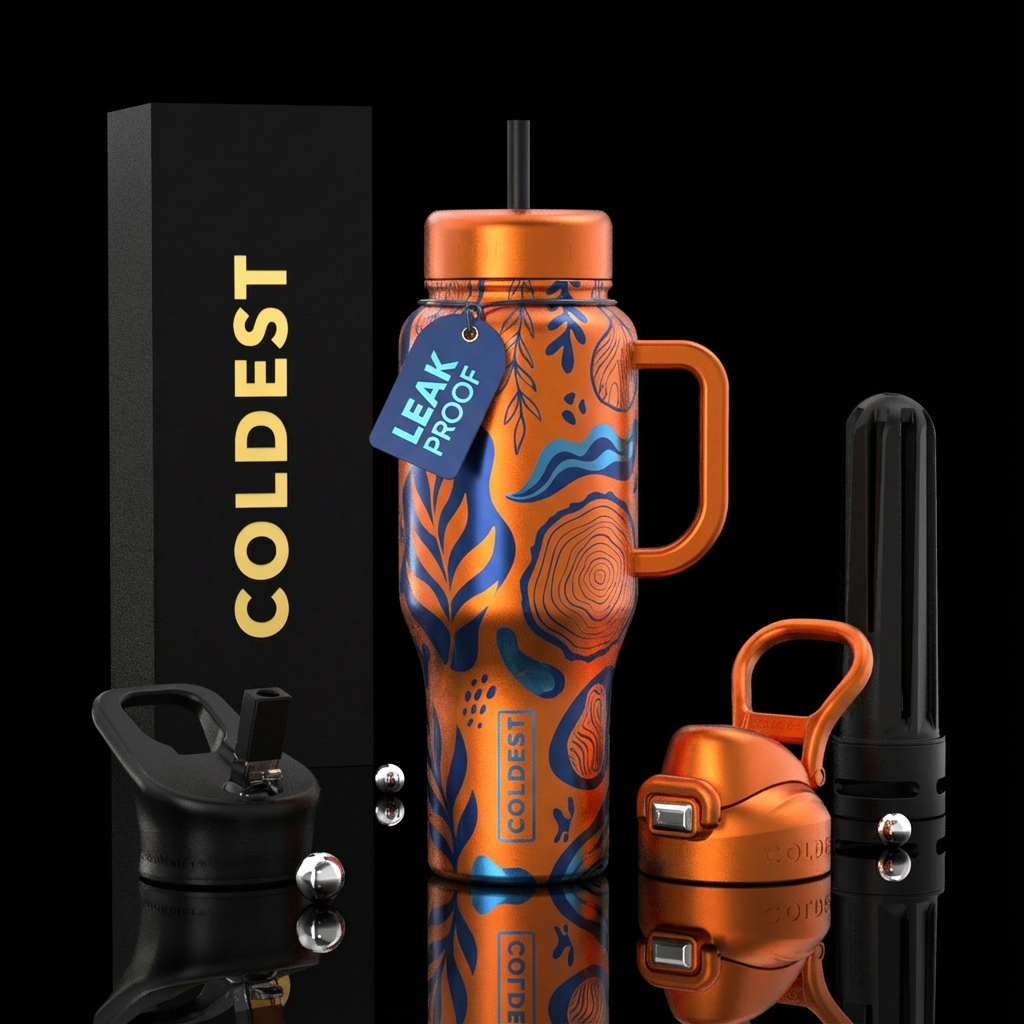 Metallic orange and blue water bottle design