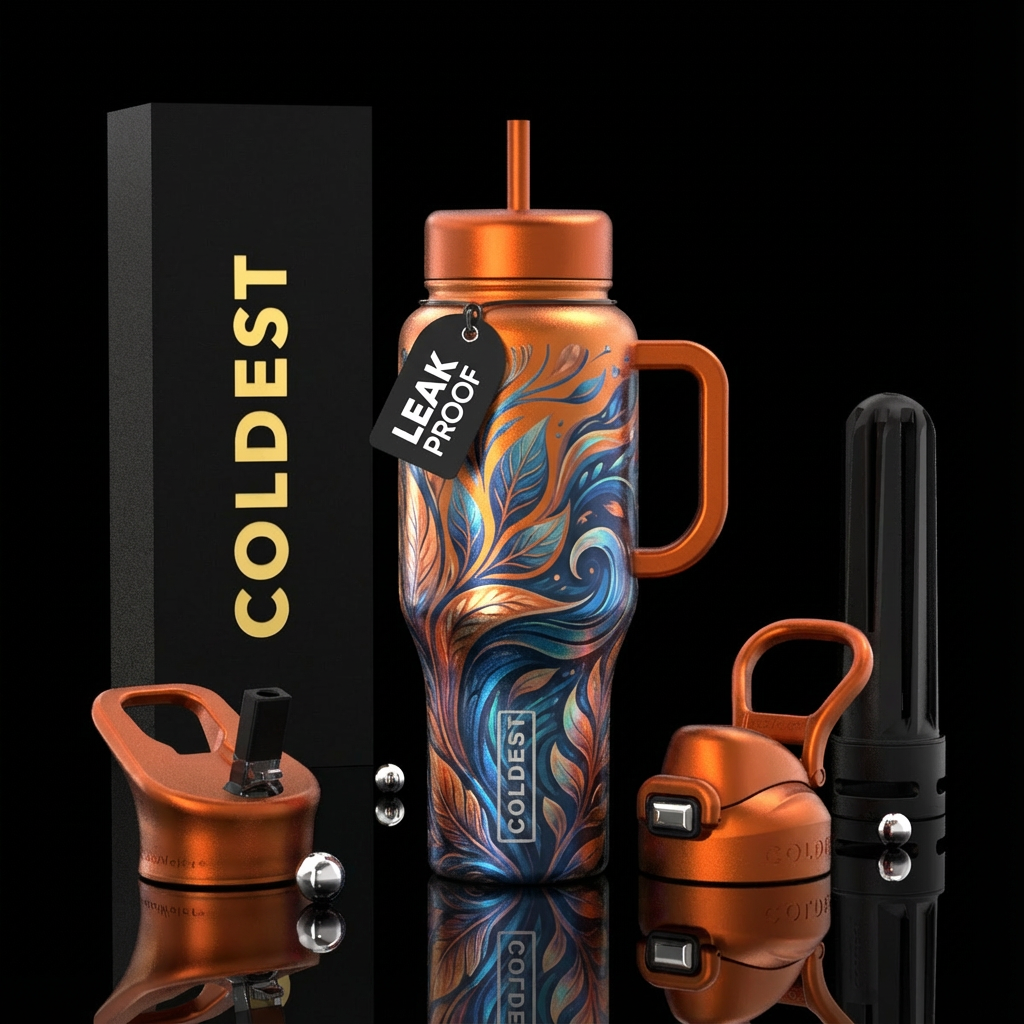 Metallic orange and blue water bottle design