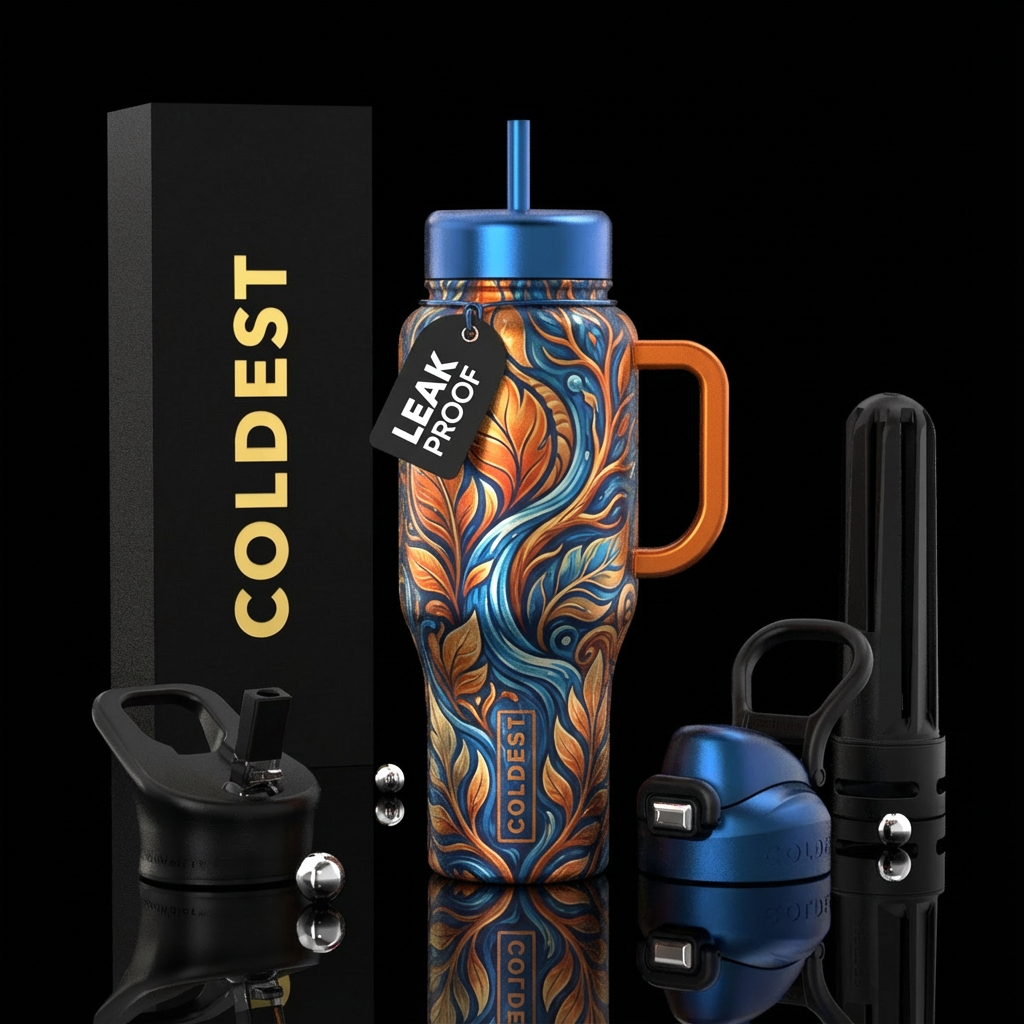 Metallic orange and blue water bottle design