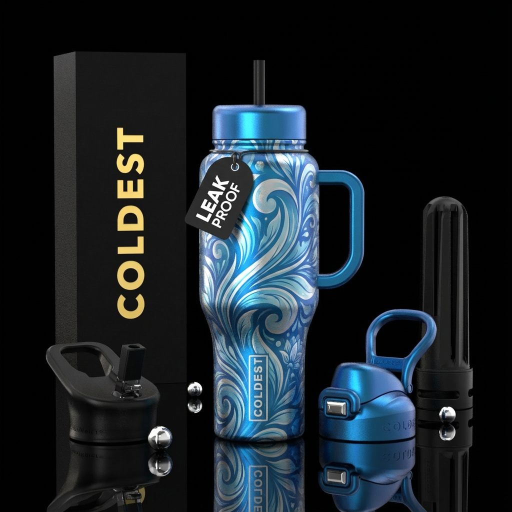 Metallic blue and silver waves water bottle design