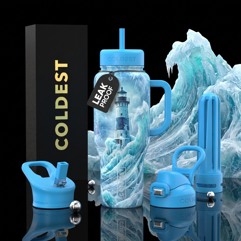 Lighthouse, waves frozen completely, ice blue, Lak... water bottle design