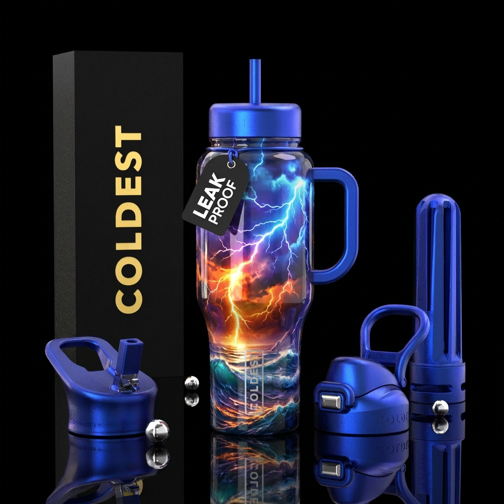 Lightening storm on ocean, shiny, firery, electric... water bottle design