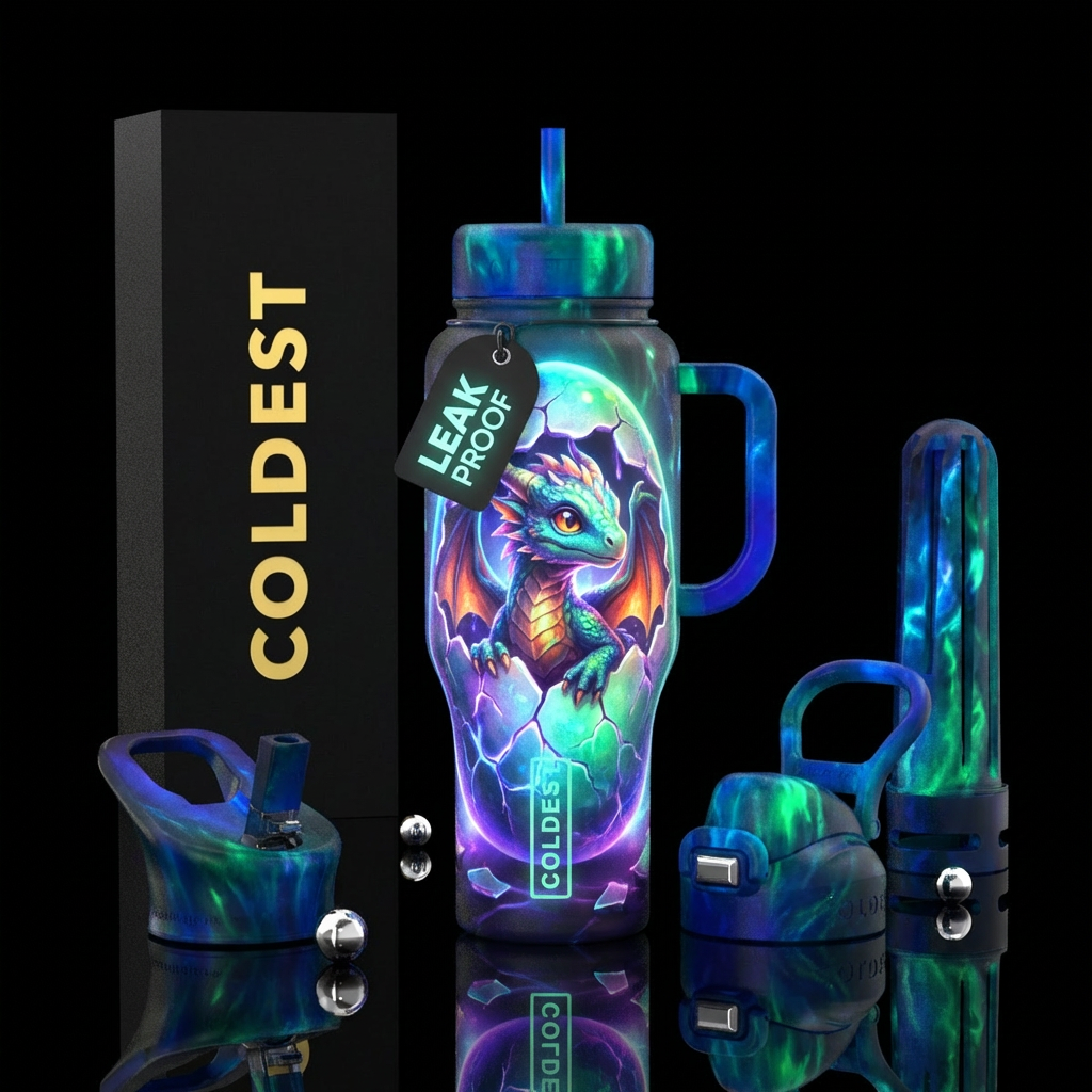 Baby dragon in cracked egg, lumnescent, fantasy water bottle design