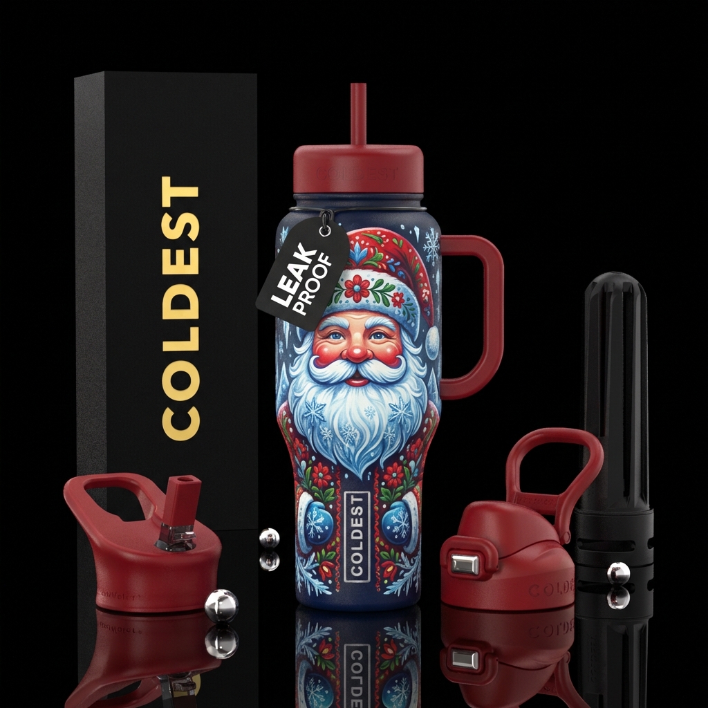 Santa portrait, jolly, chubby, frosty, happy,, fol... water bottle design