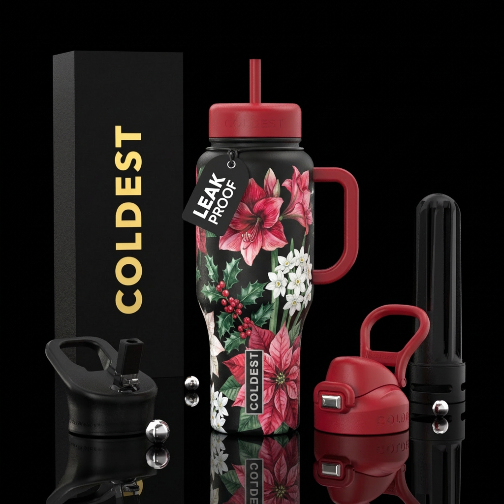 Christmas amaryllis, holly, paperwhites, poinsetti... water bottle design