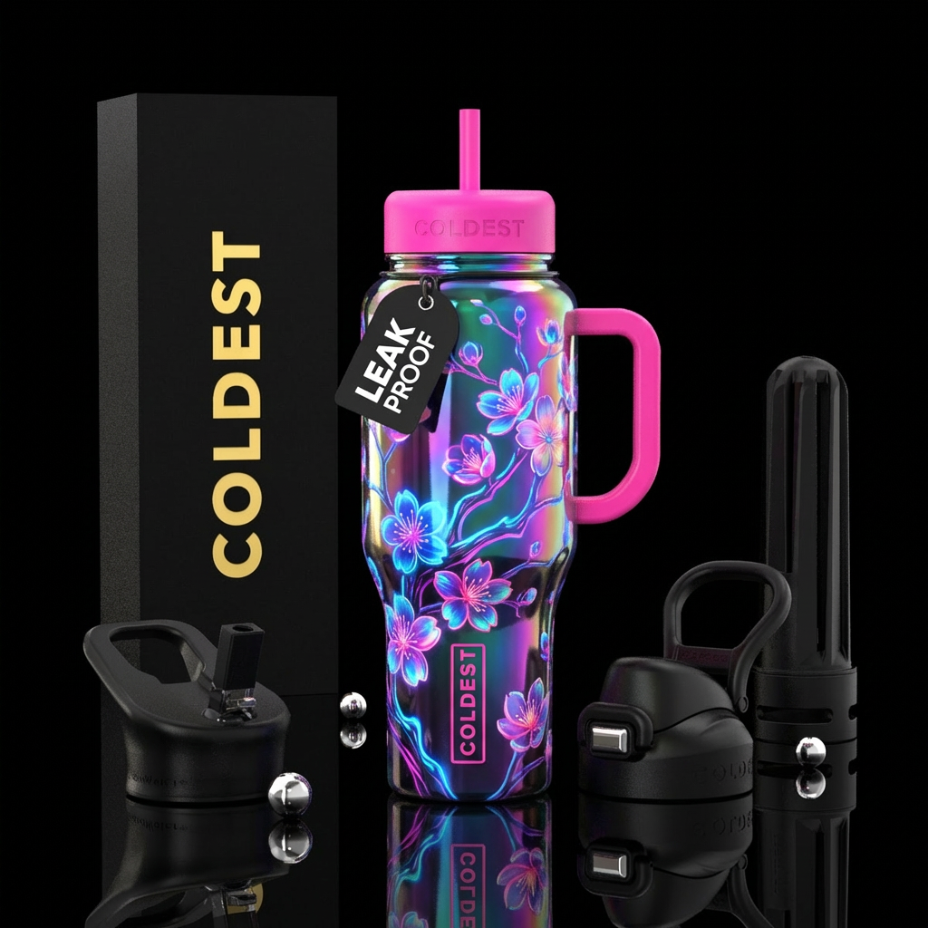 cherry blossom season, powerful, neon, chromatic, ... water bottle design