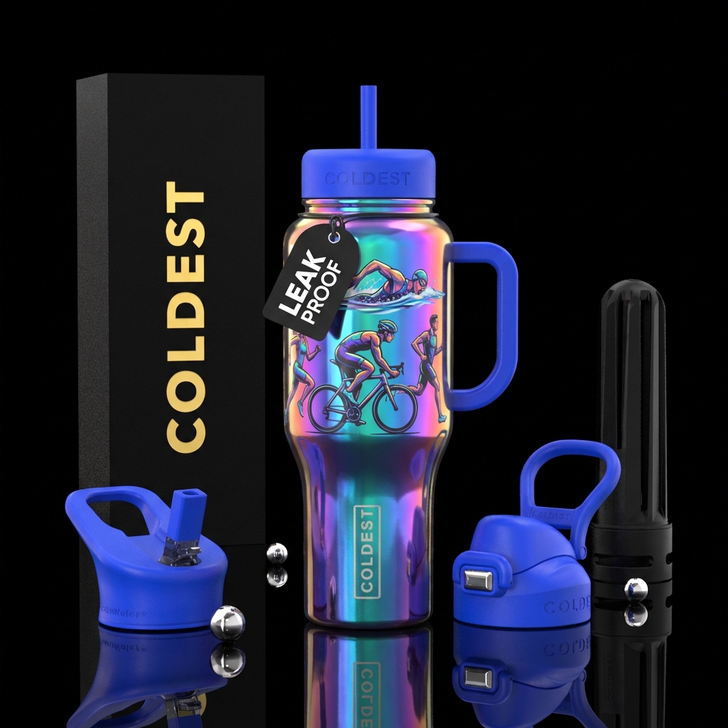 Triathlete, strong man, running,, opalescent, inte... water bottle design