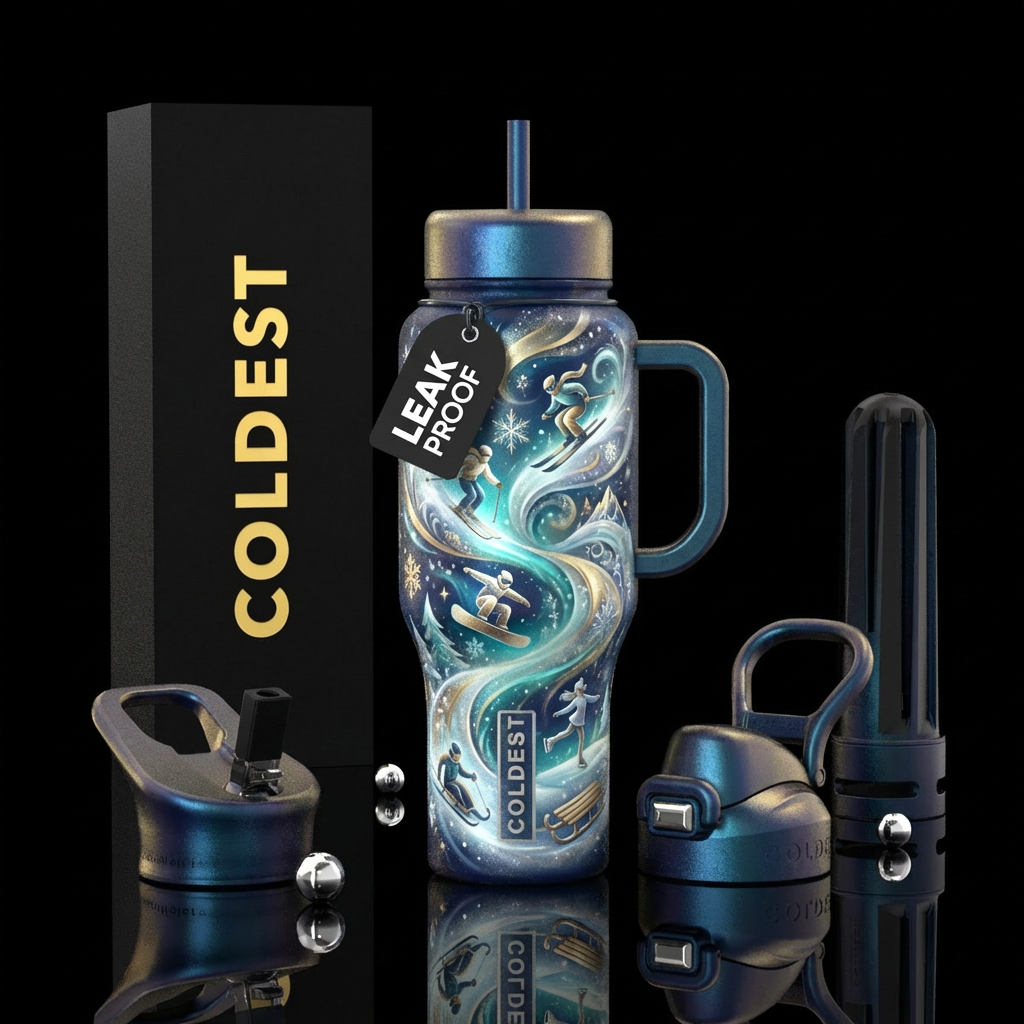 All Winter sports, snow,, ethereal, opulent water bottle design