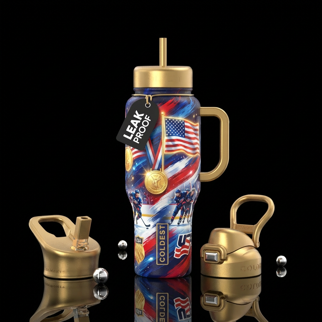 USA Gold medal Hockey men’s and woman’s, flag,, br... water bottle design