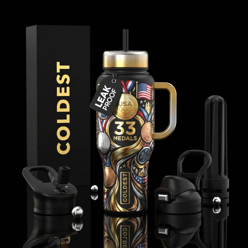 USA 33 medals, fluid, gold, silver, bronze, winter... water bottle design