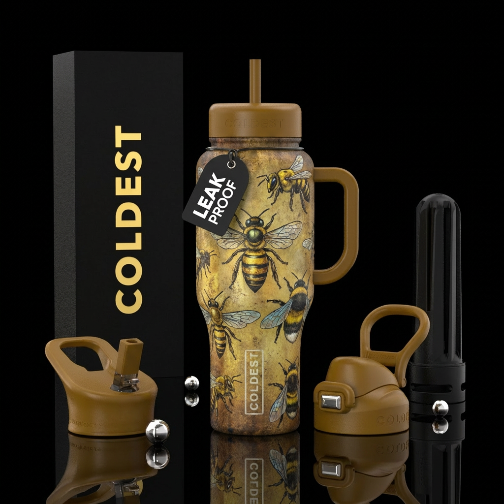 Different kinds of bees, queen, carpenter, worker,... water bottle design