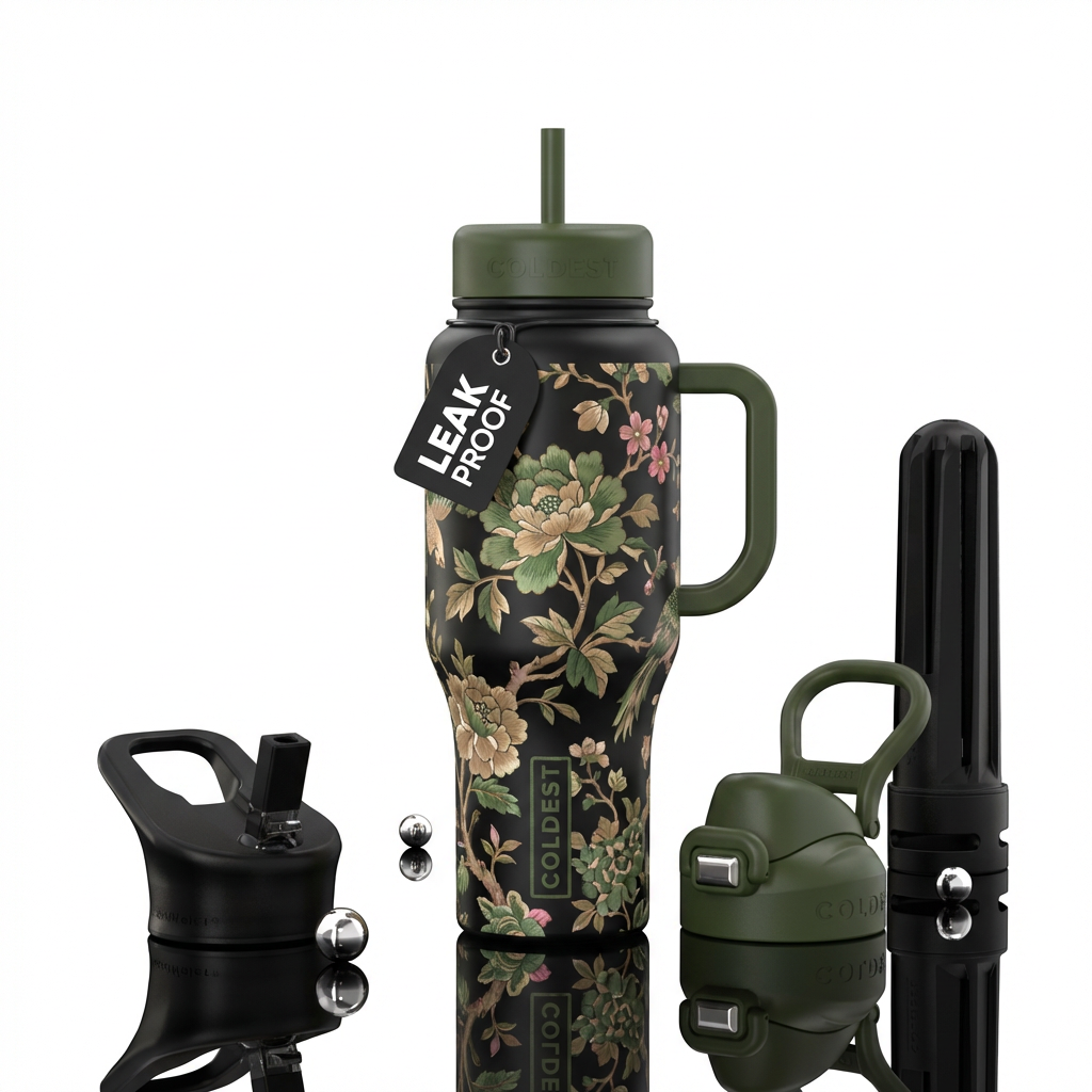 Floral camo with hidden bird, green, tan,, chinois... water bottle design
