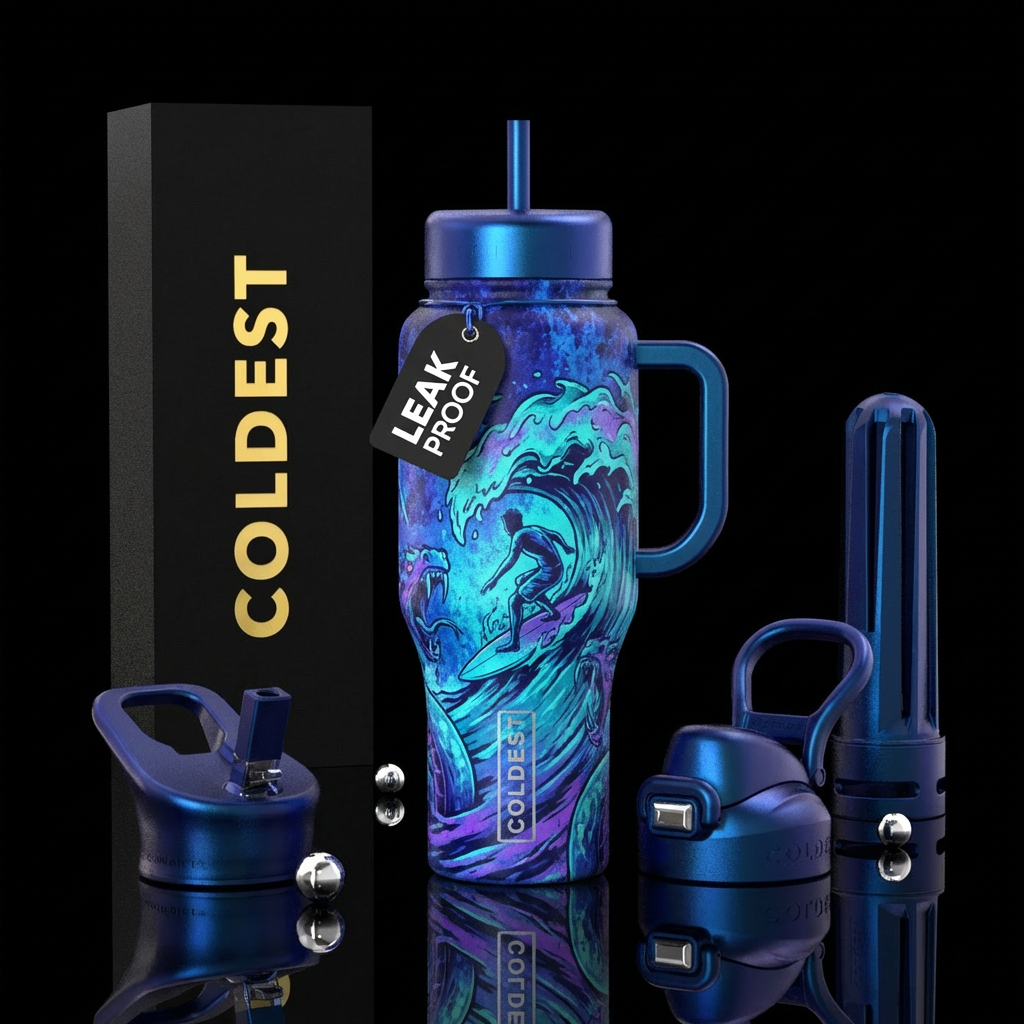 surfing, bold, acid wash, electric blue, chromatic... water bottle design