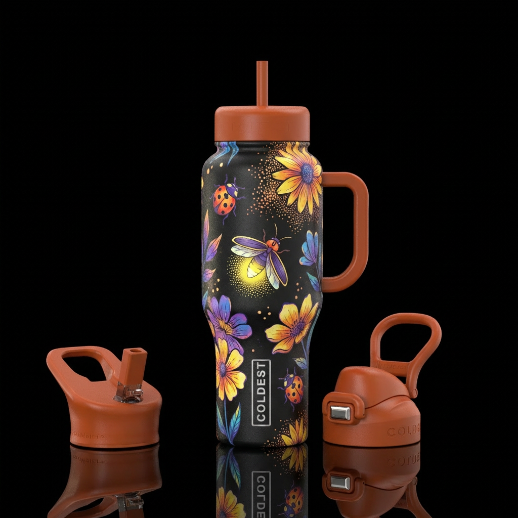 Summer floral, moody, firefly, stippling, playful,... water bottle design