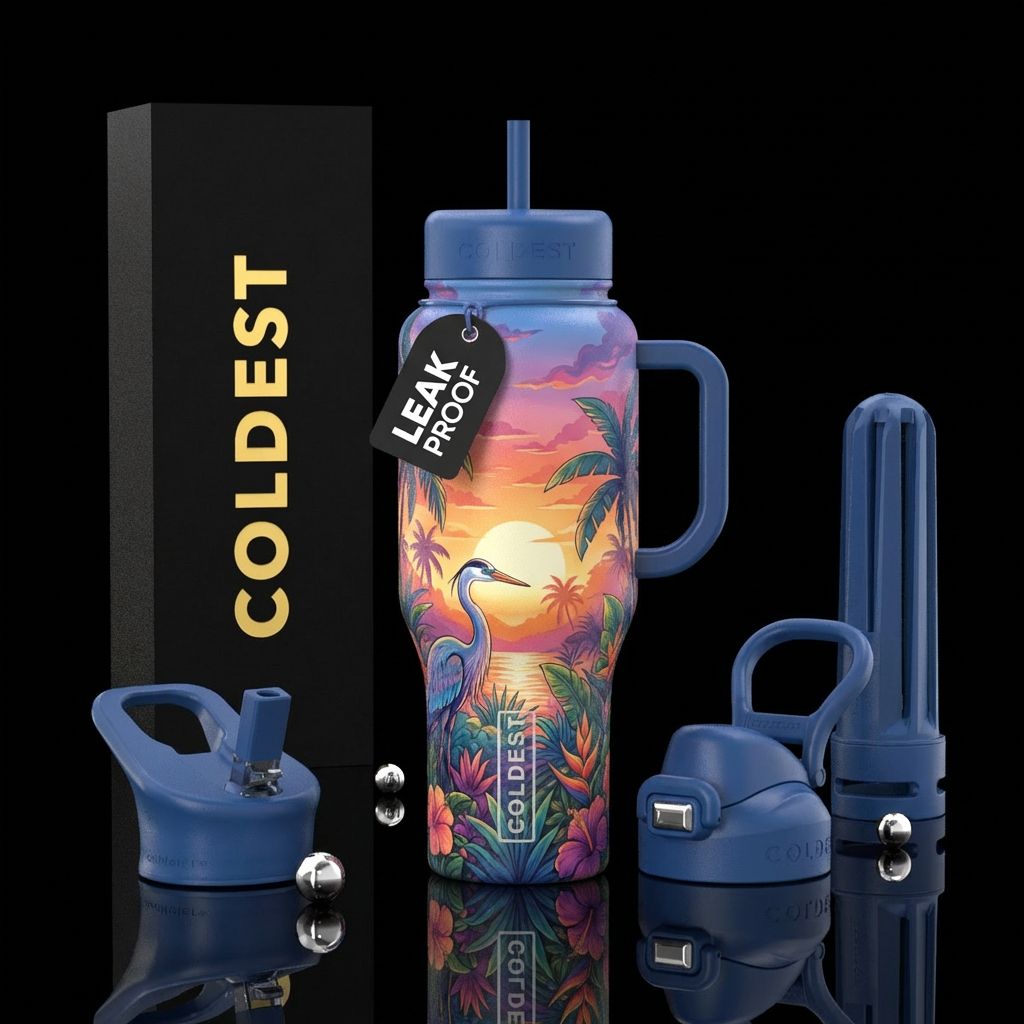 Bottle with blue lid and handle, Sunrise over very... water bottle design