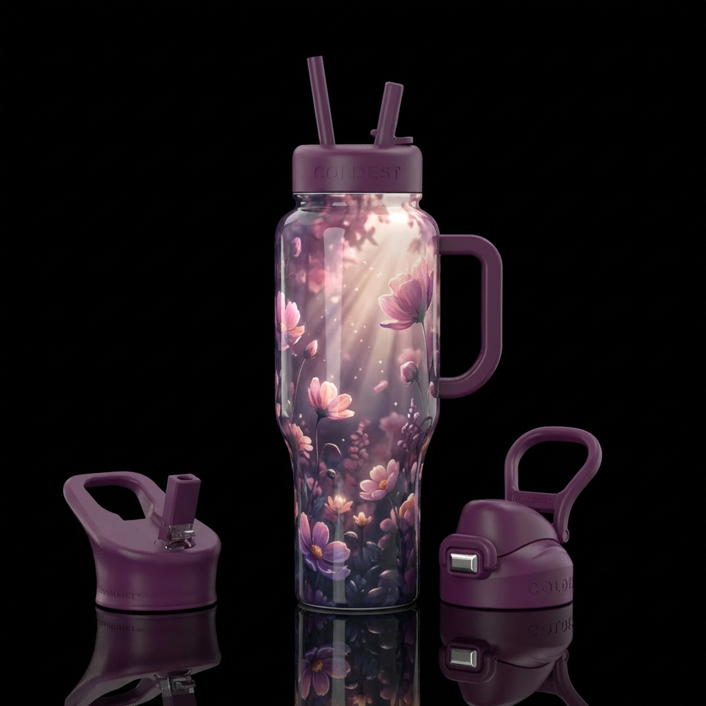 Dusky background, pink and purple flowers, light s... water bottle design