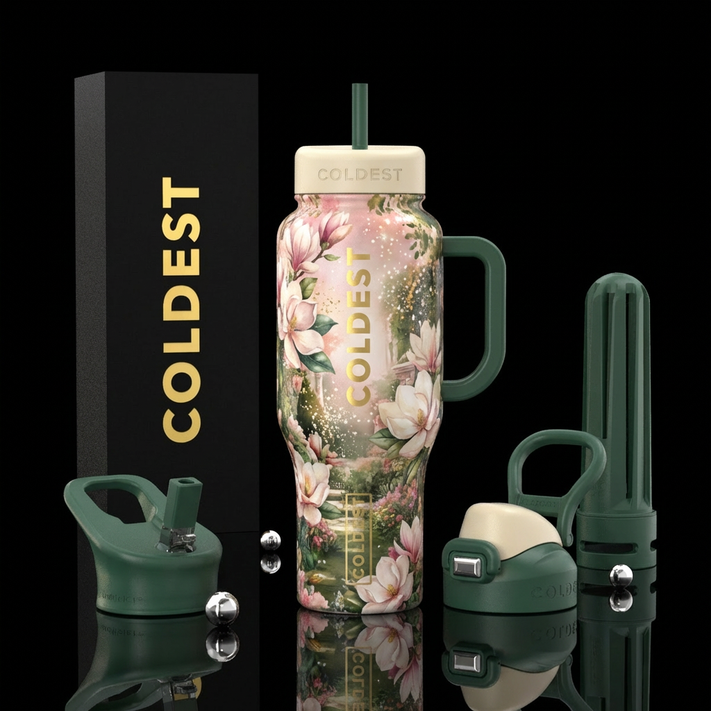 serene, collage, extravagant, magnolia, refined, g... water bottle design