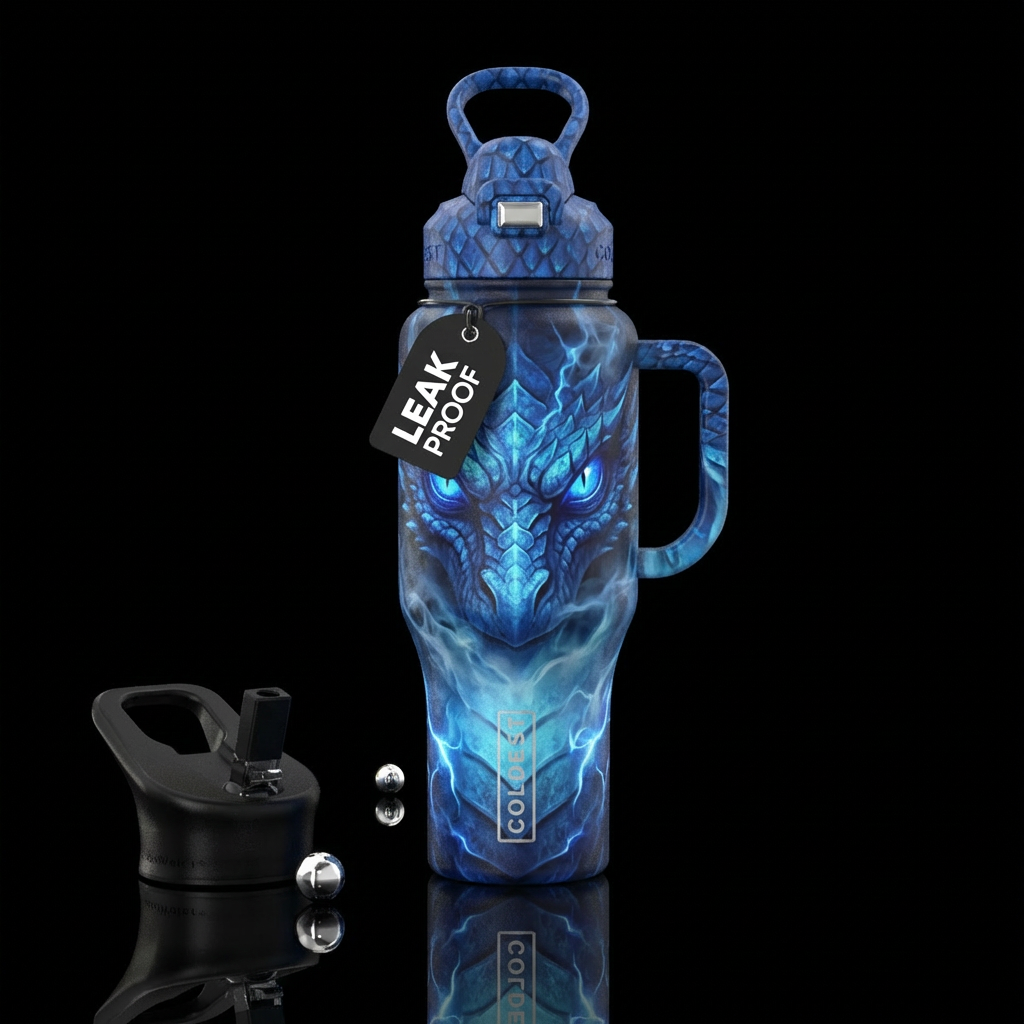 Dragon face on the bottle, scales, fierce, glowing... water bottle design