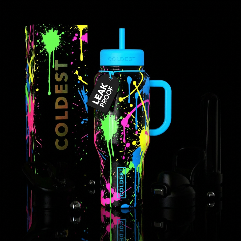 Black bottle, canvas, neon paint, splatter, fing, ... water bottle design