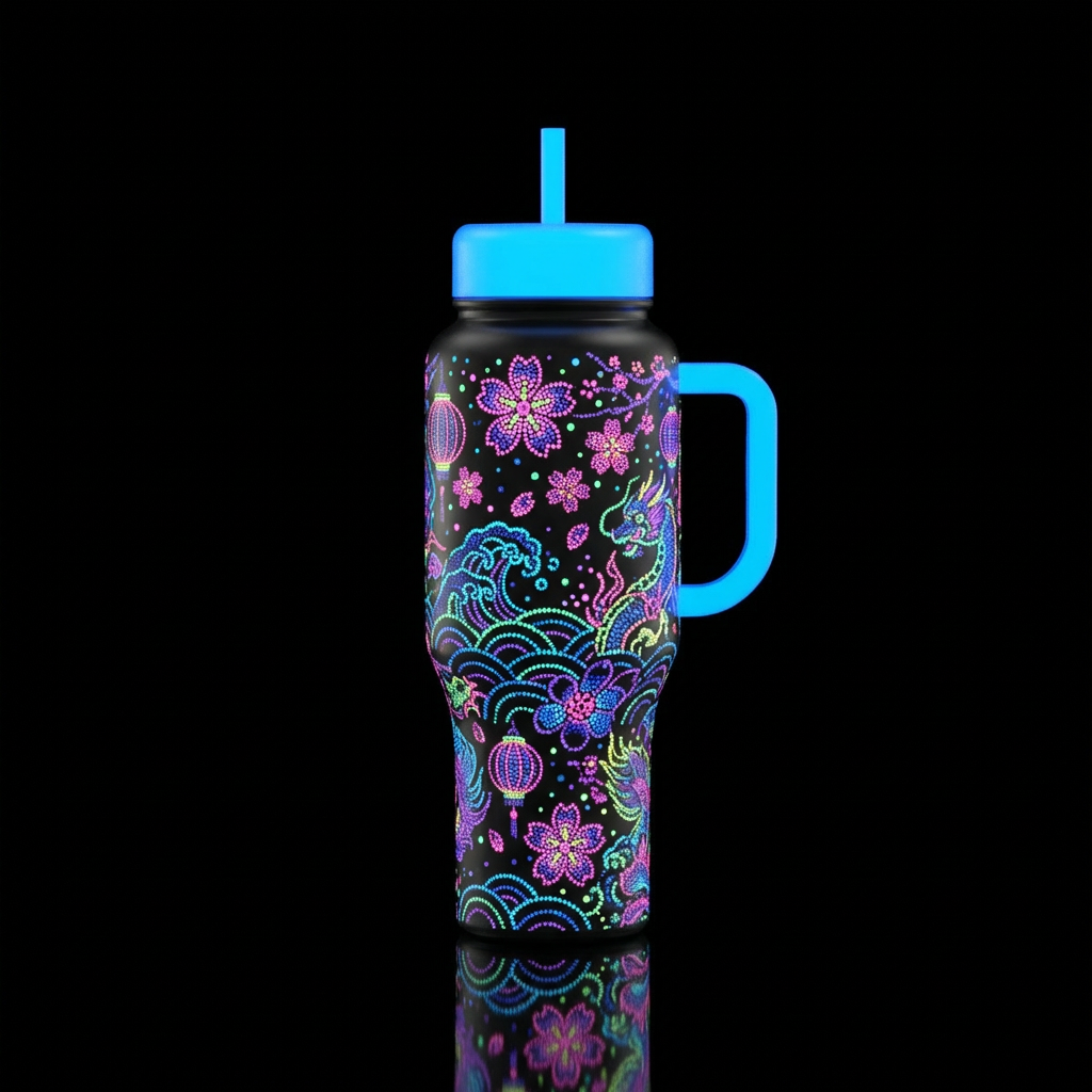 harmonious, neon, japanese, whimsical, pointillism water bottle design