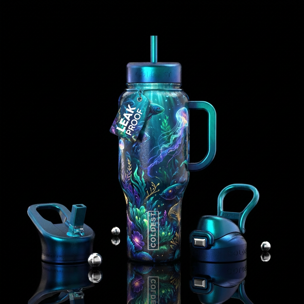 deep sea, raw, realism, magical, vibrant water bottle design