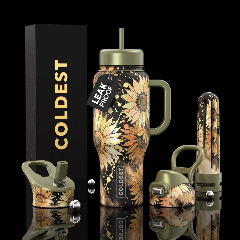 Pale yellow and orange splatter, sunflower field,,... water bottle design