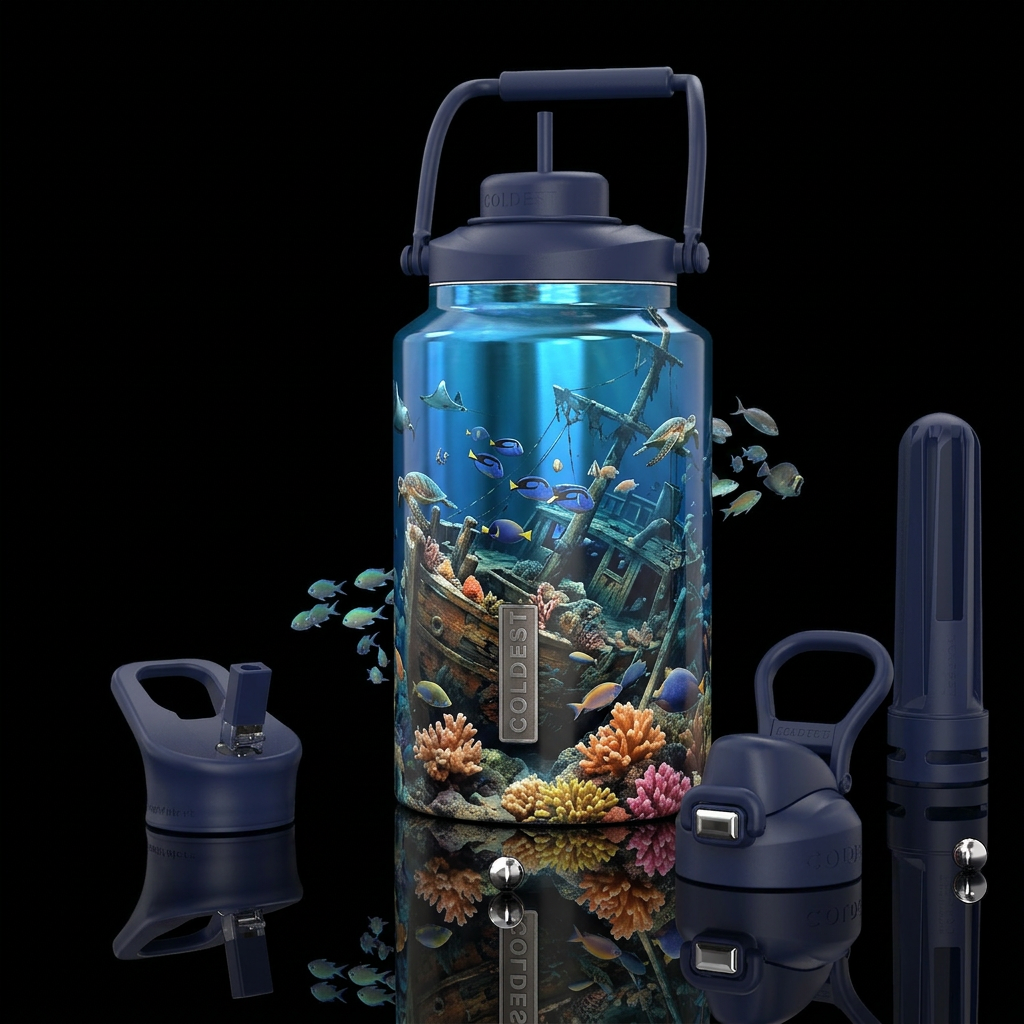Shipwreck at the bottom of the sea, ocean animals ... water bottle design