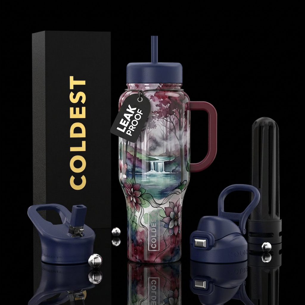 Transparent trees, waterfall, lake, foggy, maroon,... water bottle design