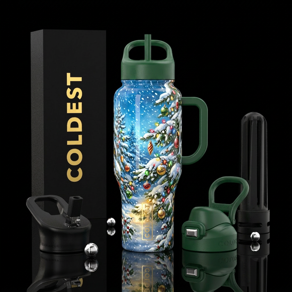 Green, blue sky, more detail, heavy blowing snow, ... water bottle design