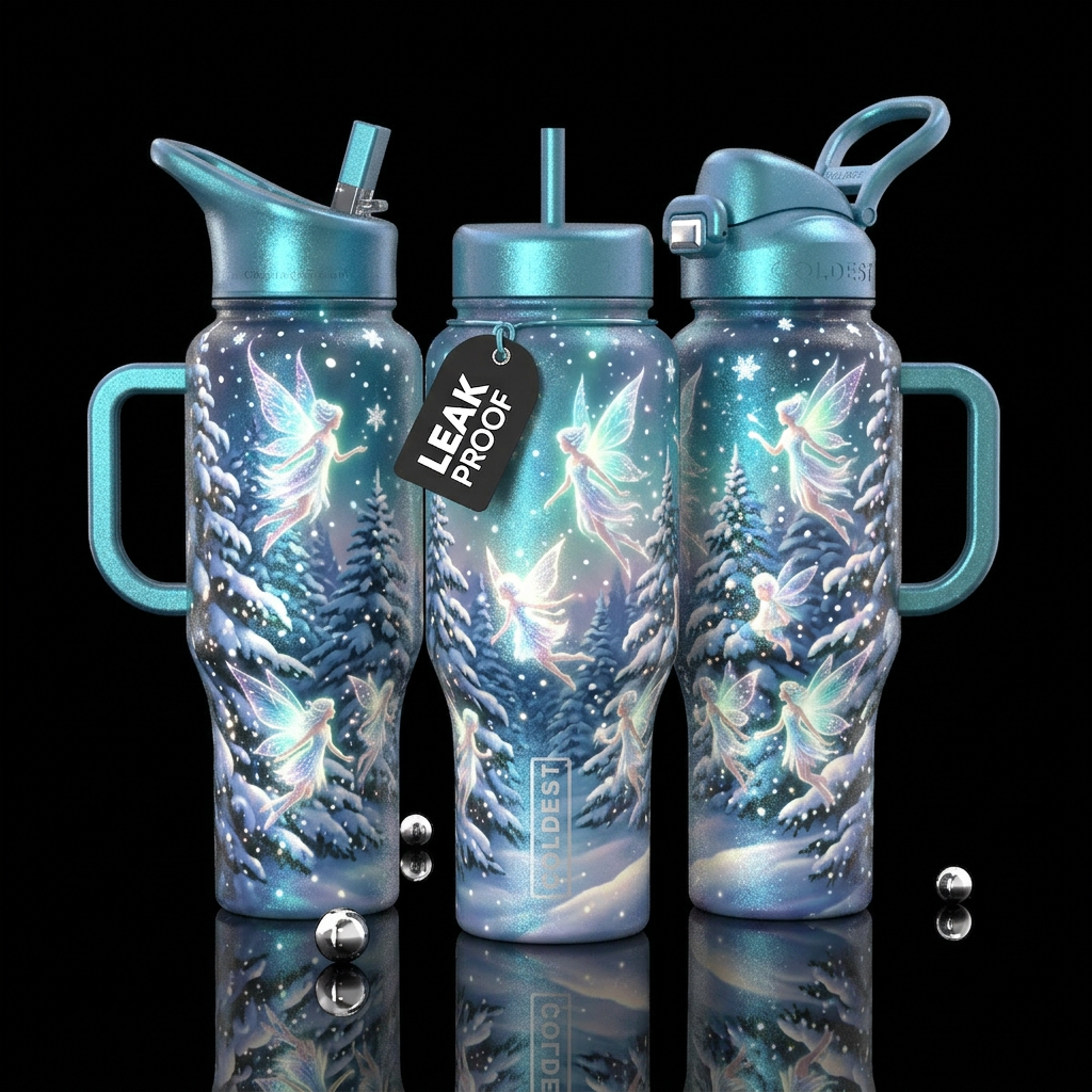 Show two bottles one with glowing, Glowy fairies, ... water bottle design