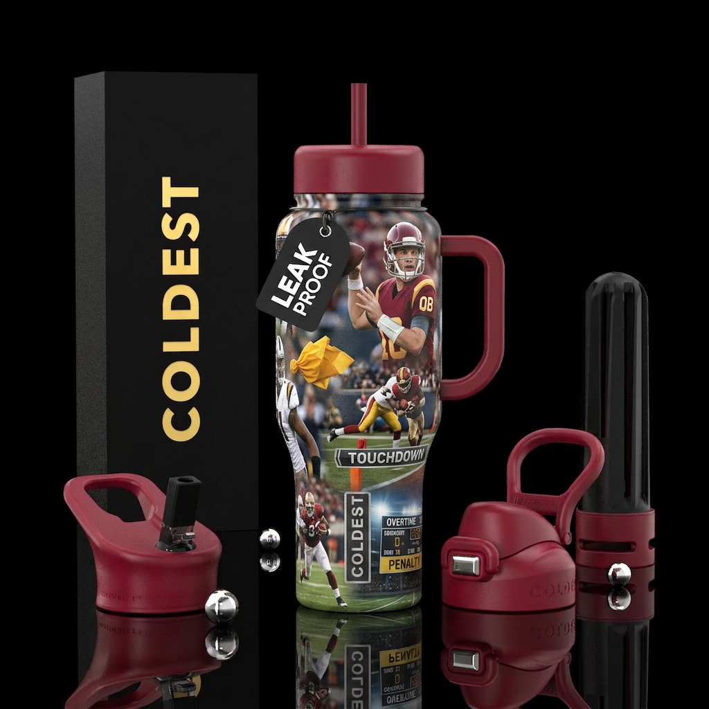 Football, penalty, goal post, touch down, QB, tack... water bottle design