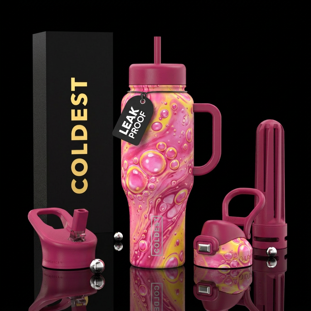 Nausea, heartburn, indigestion? Pepto pink and yel... water bottle design