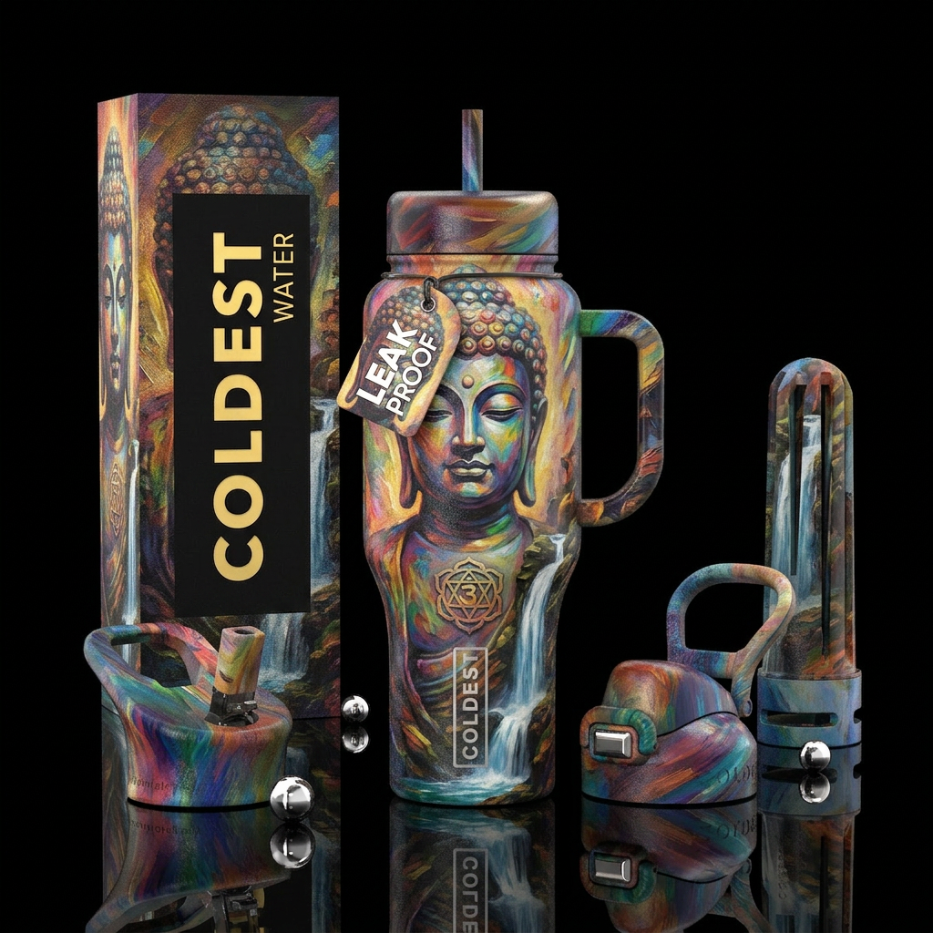 Face of Buddha bust, prismatic colors,, mysterious... water bottle design